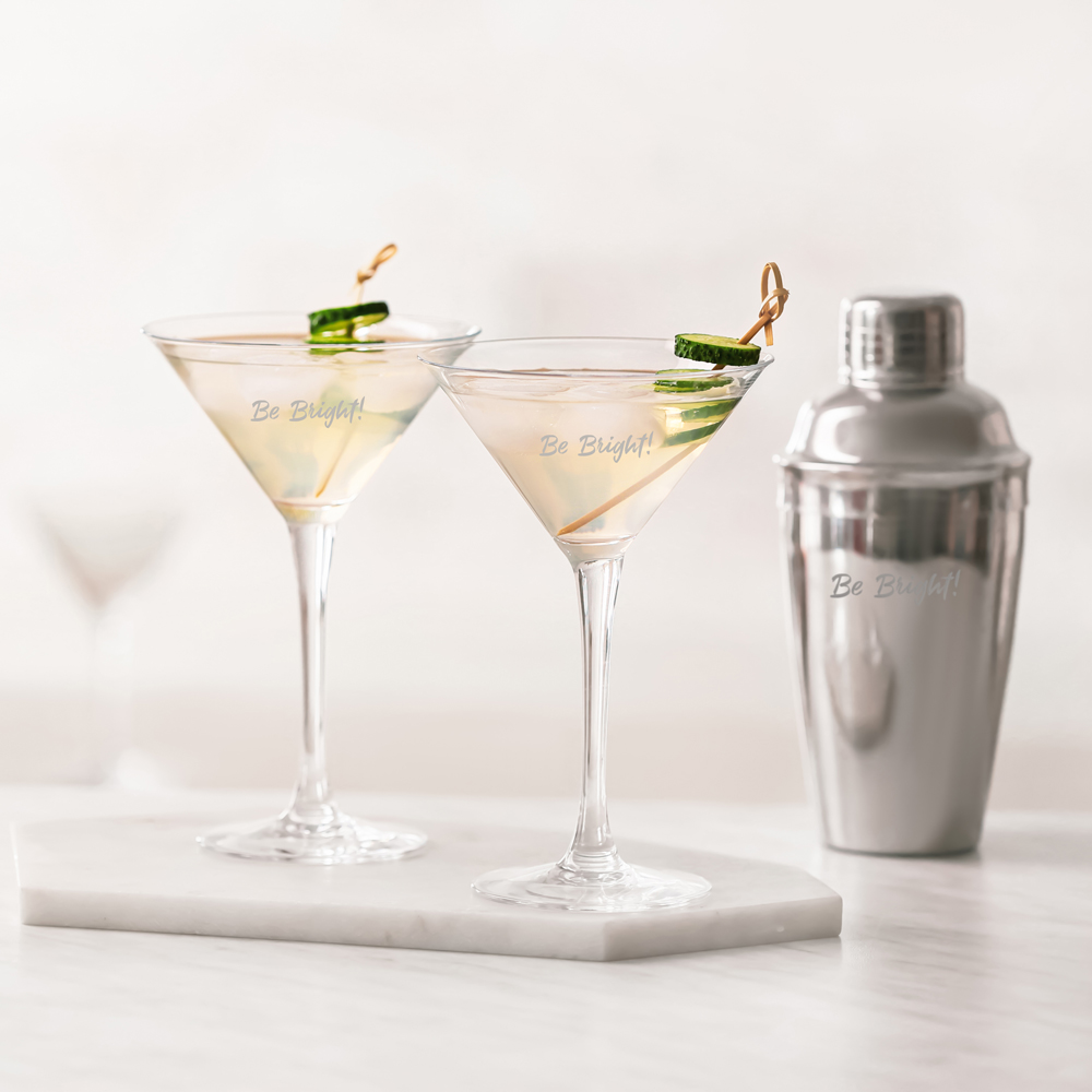 branded martini glasses and shaker