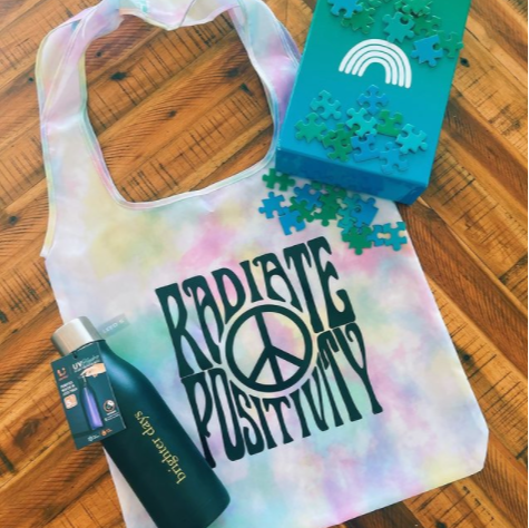 tie-dye tote, ombre puzzle, & water bottle